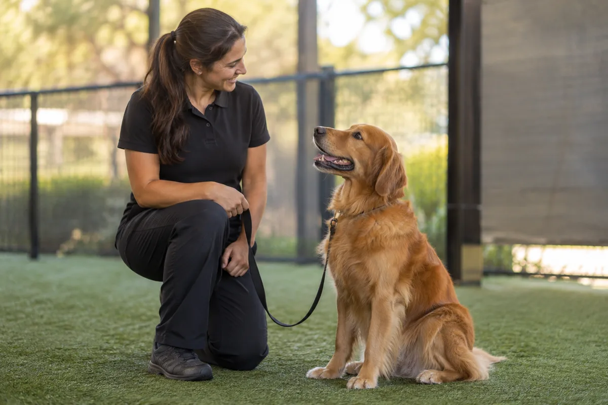 Dog trainer kneeling beside a golden retriever on a leash during board and train in Des Moines