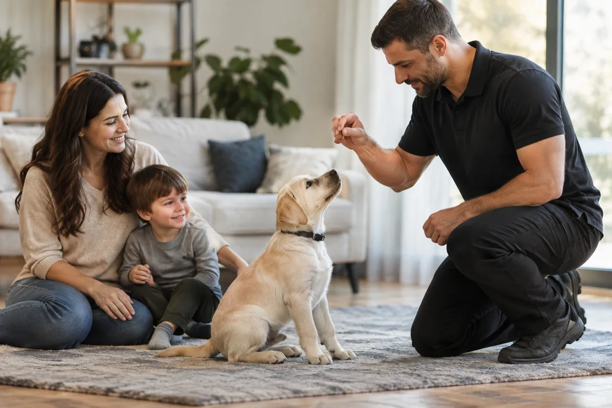 Des Moines dog trainer teaching a labrador puppy to sit while a family watches