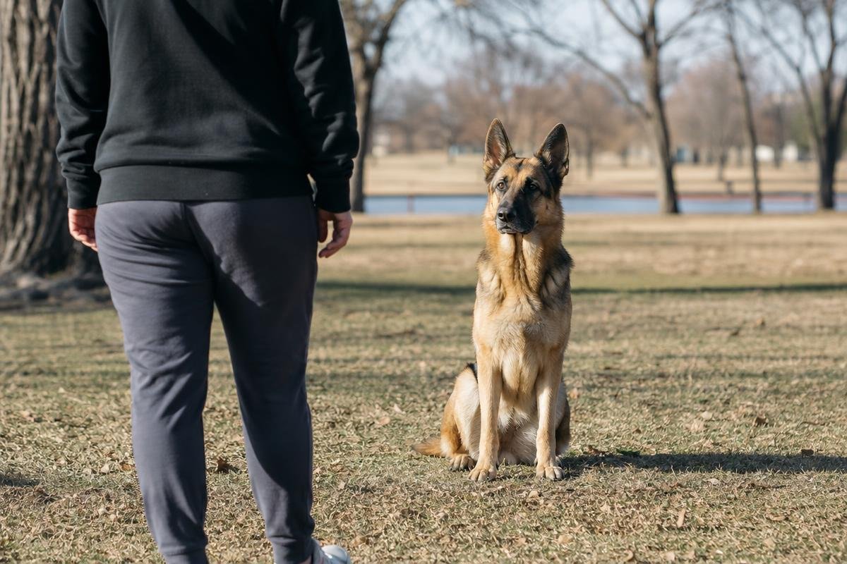 German Shepherd obedience training Oklahoma City structured sit-stay in park