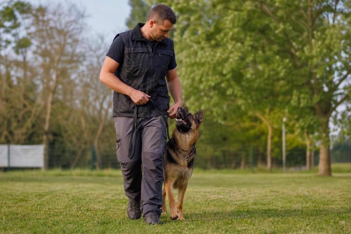 German Shepherd obedience training with a professional trainer in a structured heel position