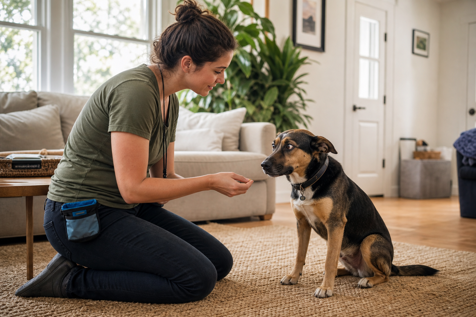 Rescue dog owner consulting with All Dogs Unleashed trainer in OKC