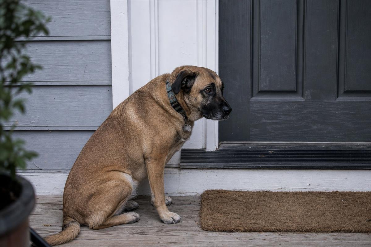 Anxious dog sitting close to the front door watching for its owner to return