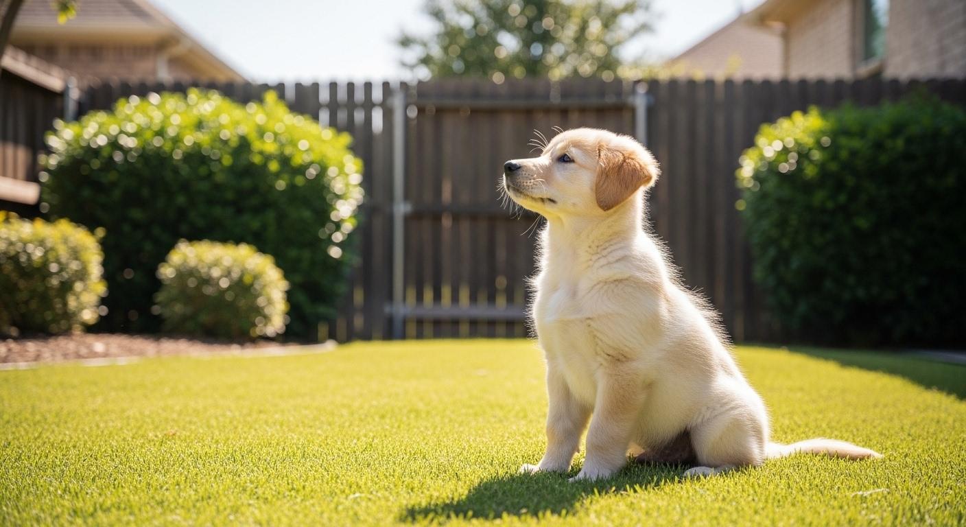 Puppy sitting in a sunny backyard during house training in Frisco