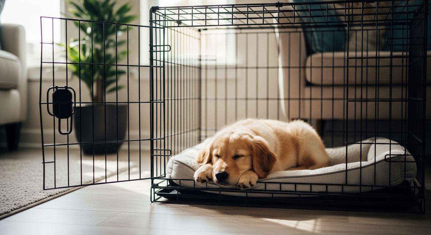Golden retriever puppy sleeping on a cushion inside an open wire crate