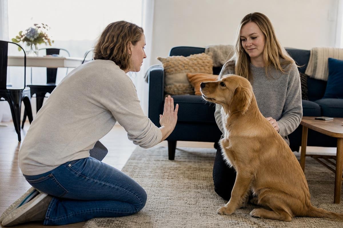 in-home dog training session with trainer and owner practicing commands together