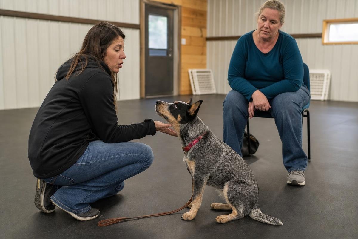 Reactive dog holding a calm down-stay as a jogger passes during a controlled Frisco training setup