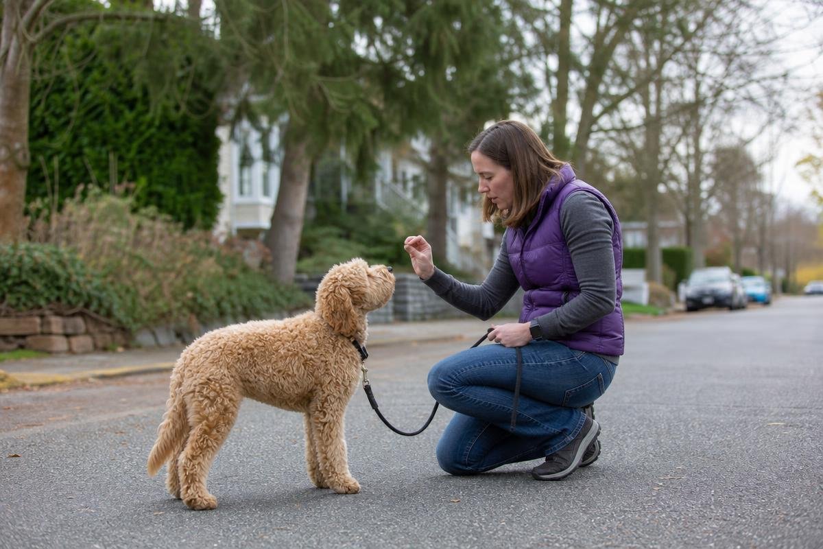 Trainer using a marker and reward to teach a focused sit during a private Frisco session