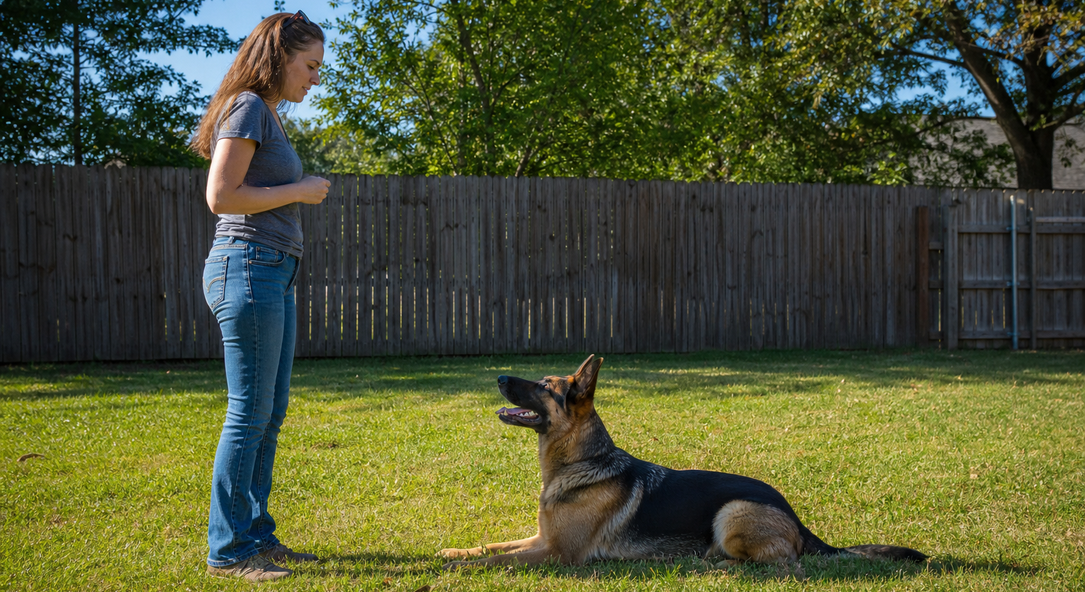 Woman practicing a stay command with her German Shepherd in a sunny Austin backyard