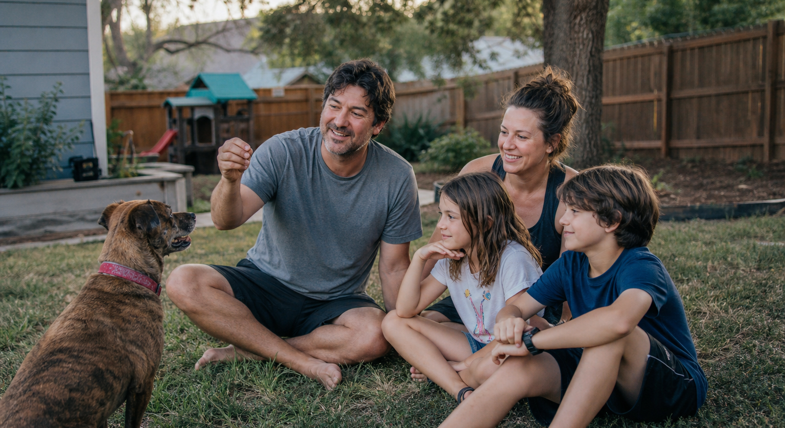 Family sitting on grass in Austin backyard training their dog together