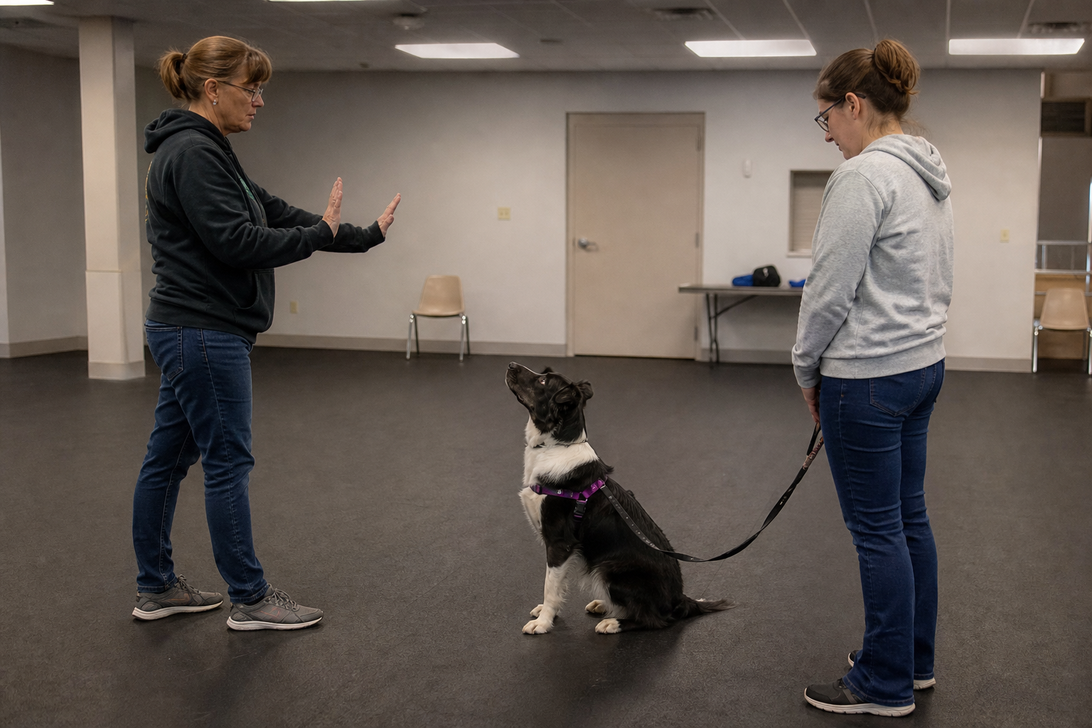 Dog trainer working with owner and Border Collie during an indoor training class in Austin