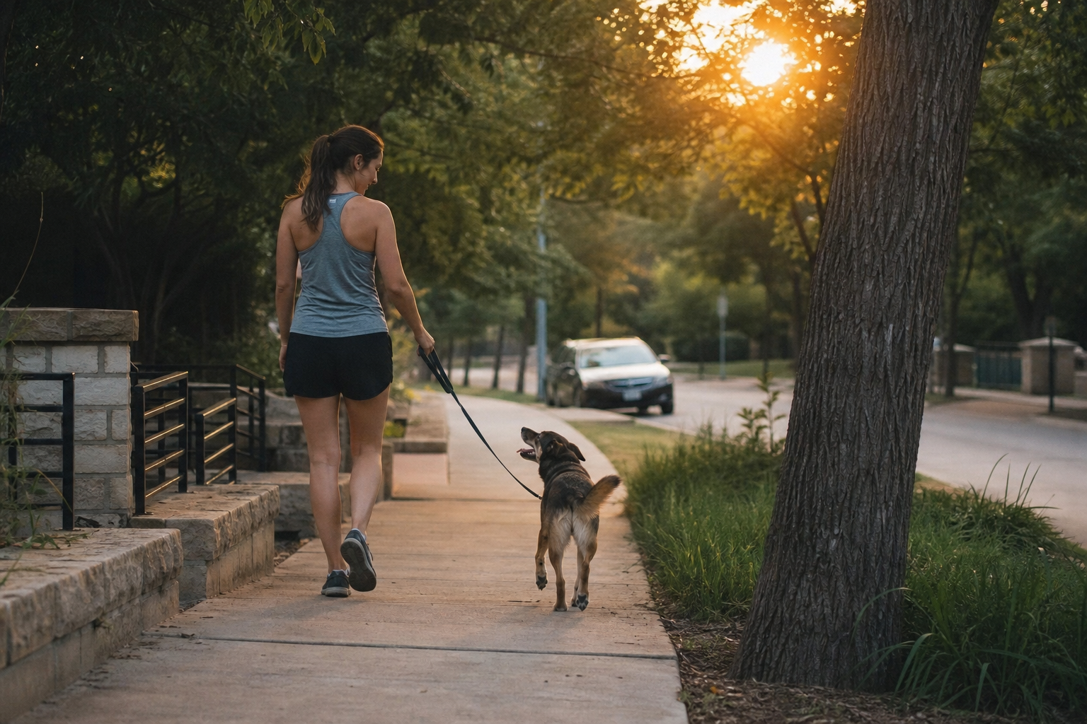 Woman walking her dog at sunrise on an Austin neighborhood path to beat summer heat