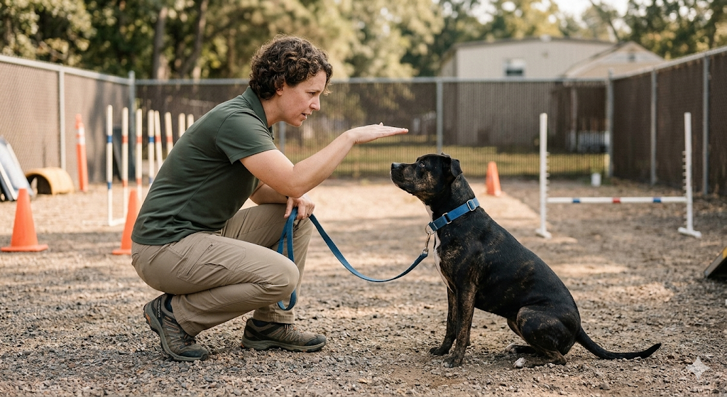 Trainer crouching in front of a brindle dog in an outdoor training area