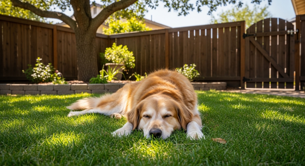 Golden retriever resting on grass in a fenced backyard