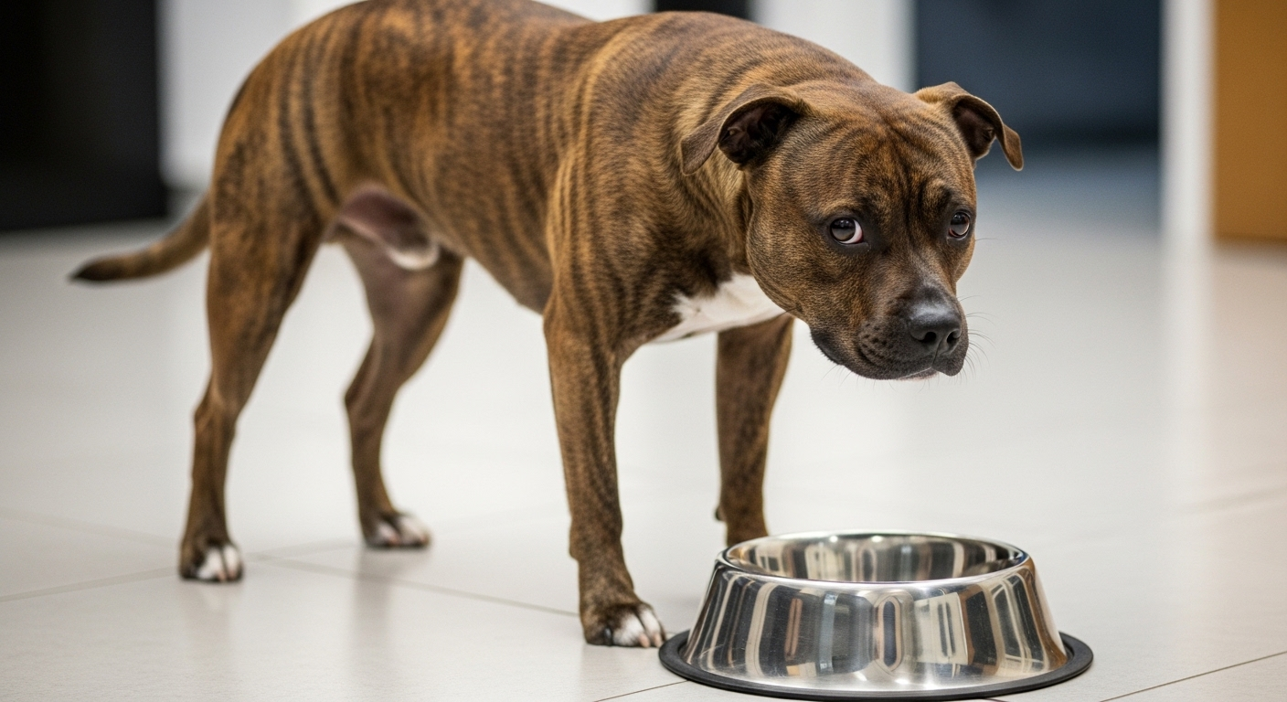Brindle dog standing guard over a steel bowl on a white floor
