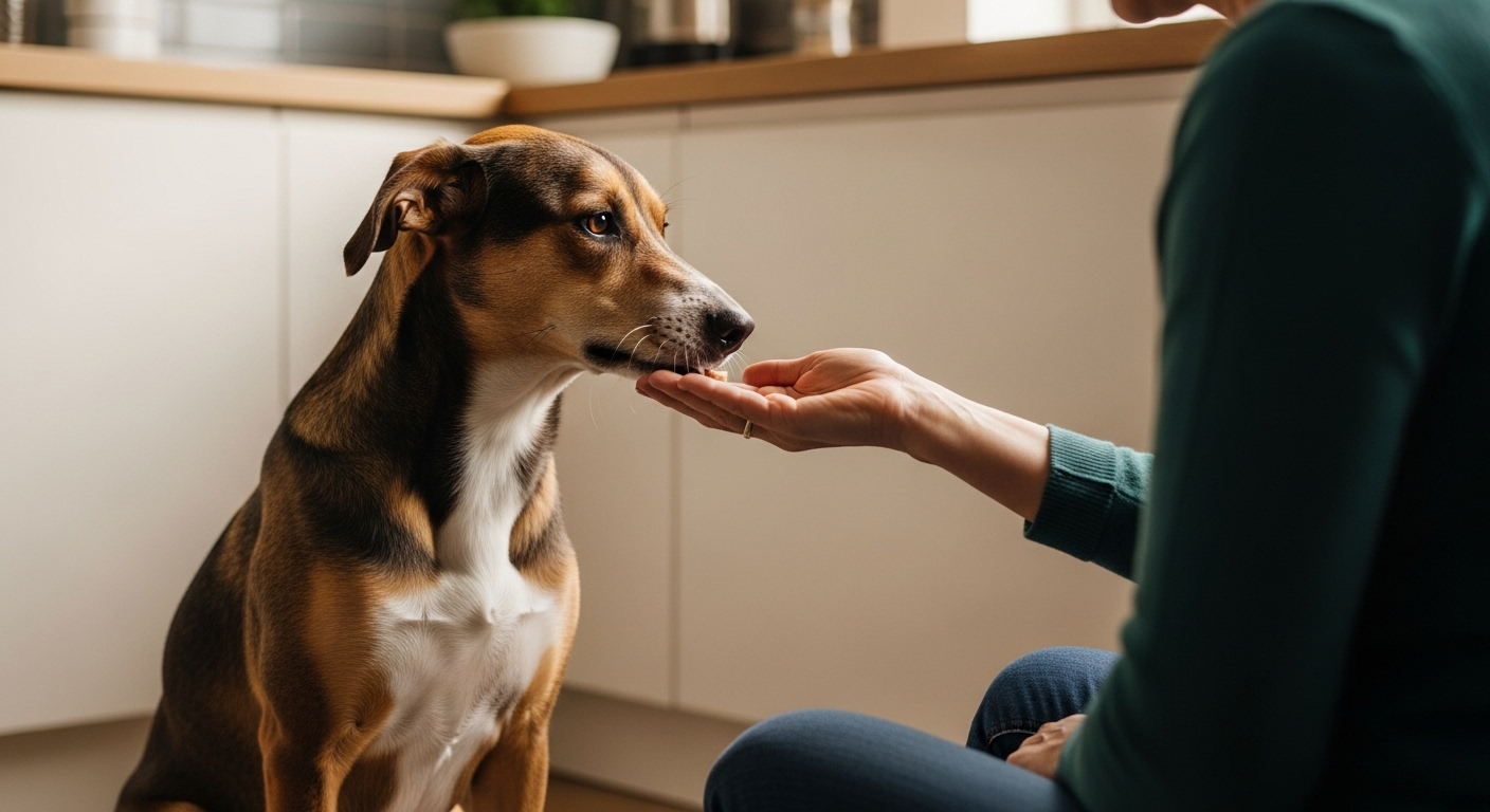 Person hand-feeding a treat to a sitting mixed-breed dog in a kitchen