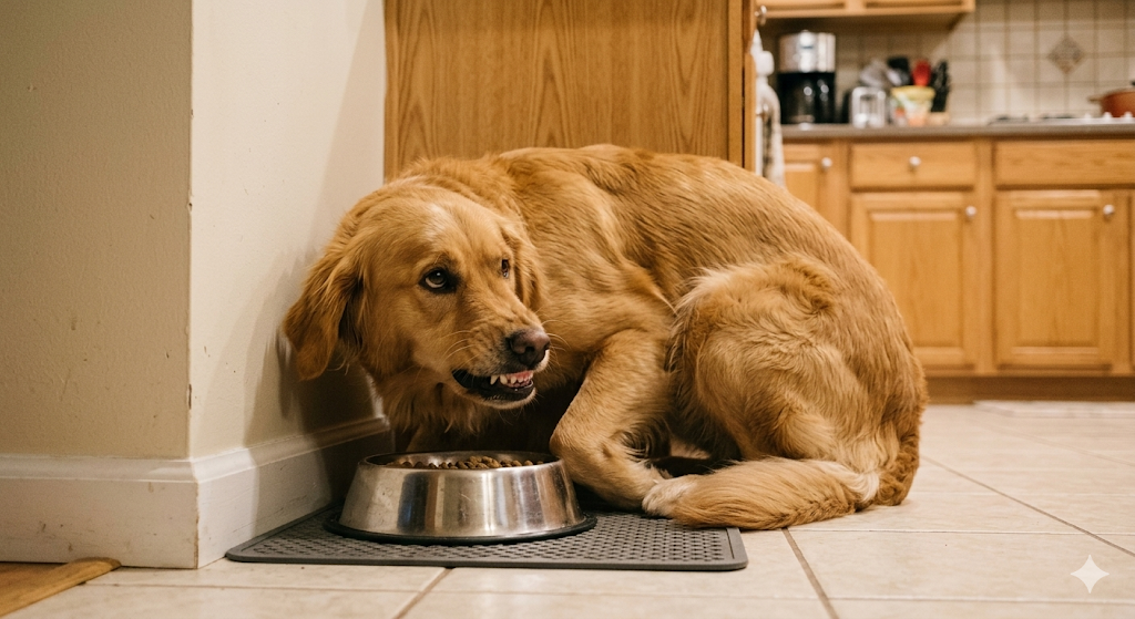 Golden retriever crouching defensively over a steel food bowl in a kitchen