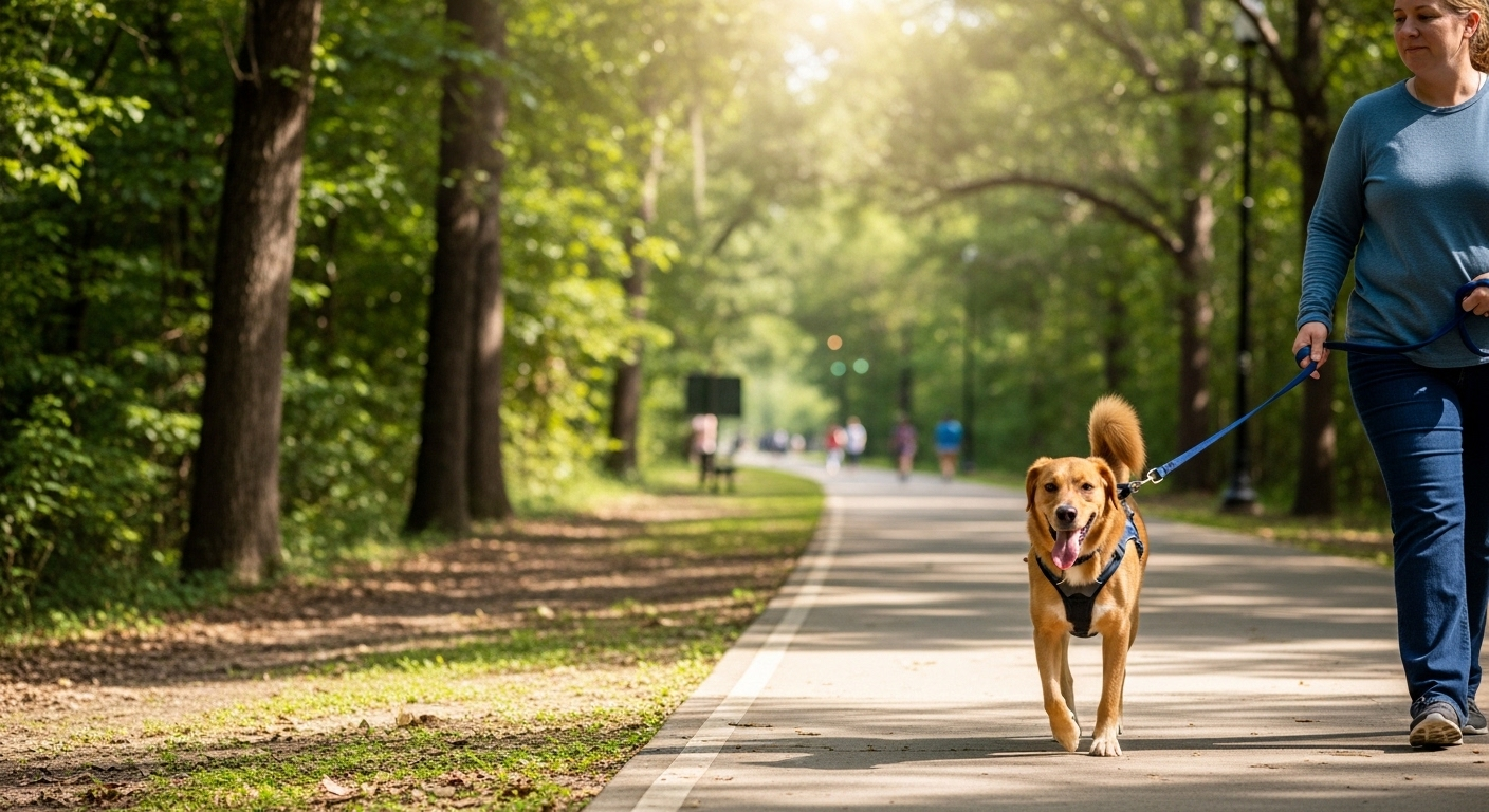 Golden retriever walking on leash on a paved park trail