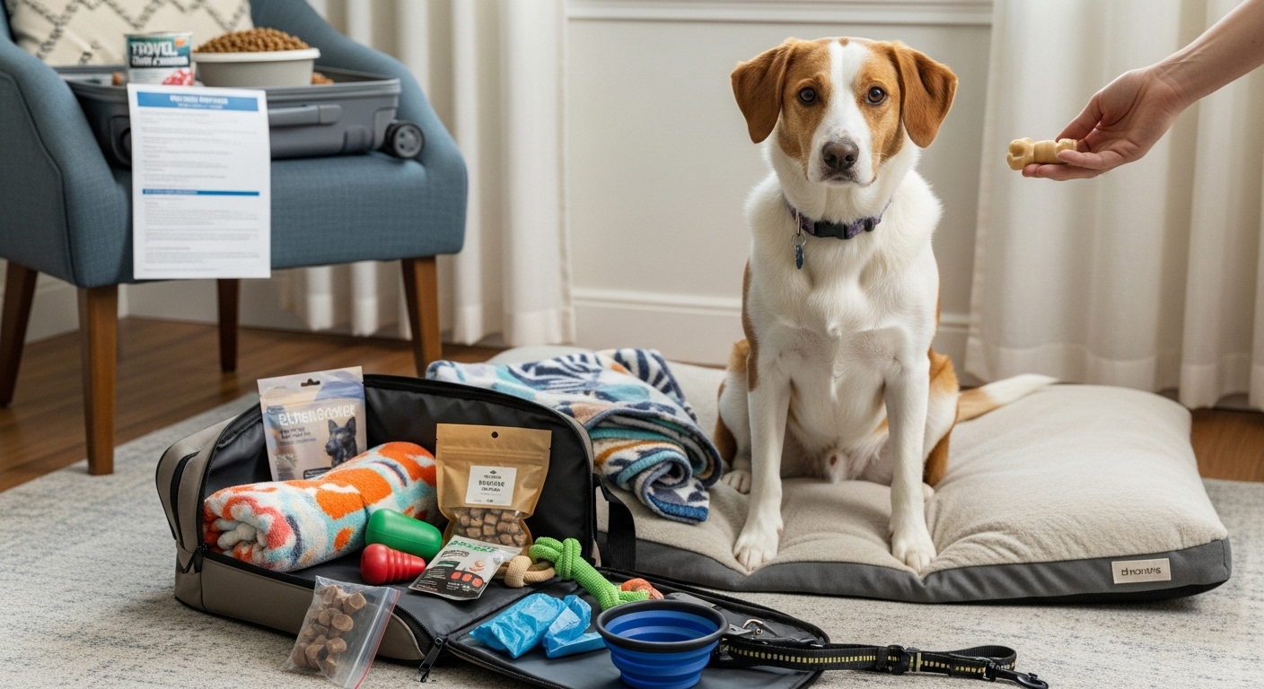 Dog sitting beside packed travel supplies including bowls, leash, and blanket