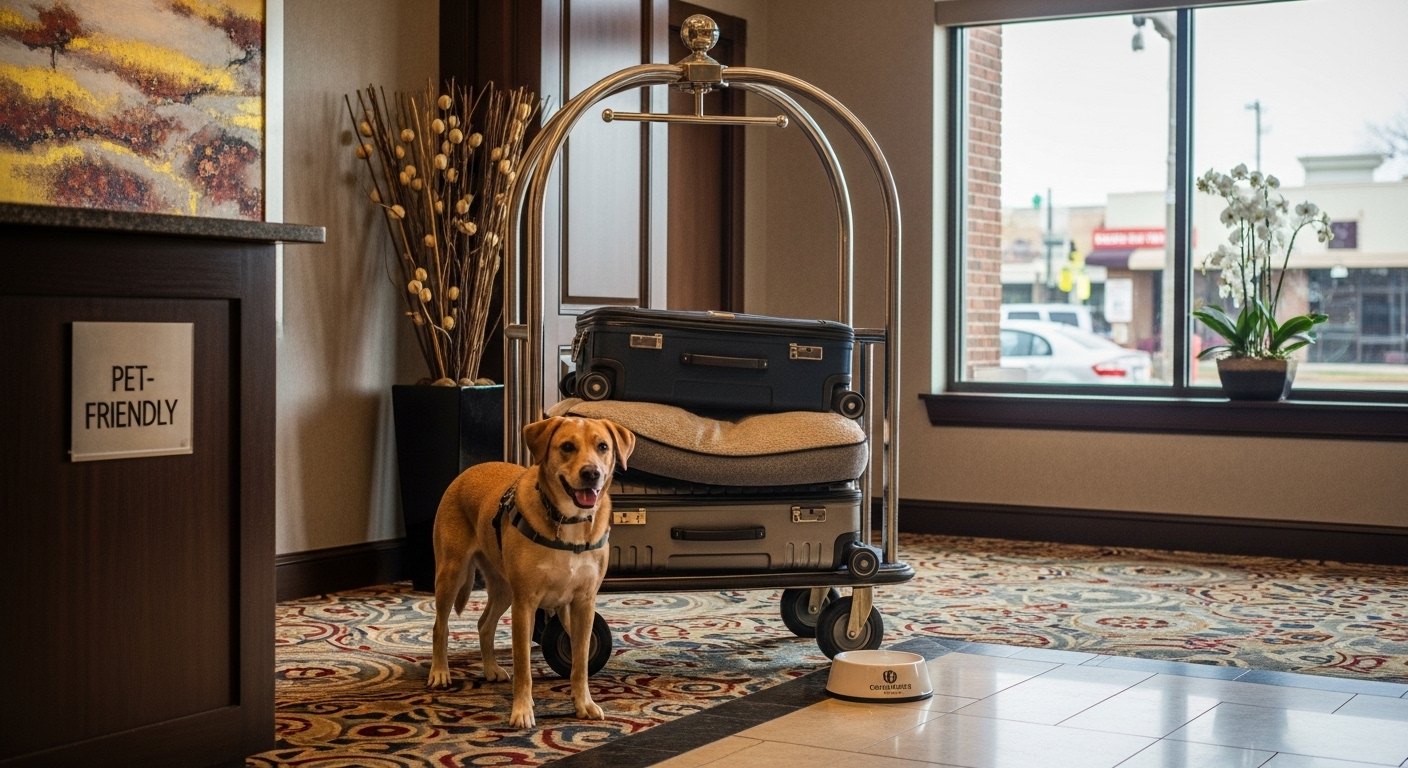 Yellow Labrador standing in a hotel lobby next to a luggage cart