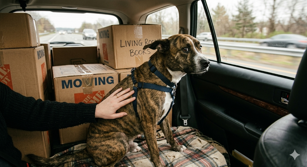 Dog standing in a new home surrounded by moving boxes