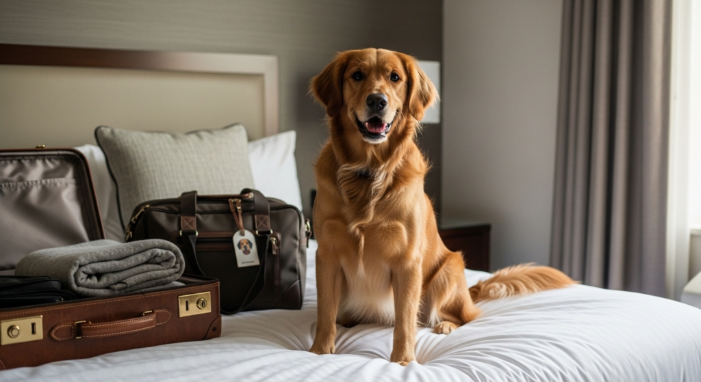 Golden retriever sitting on a hotel bed next to an open suitcase