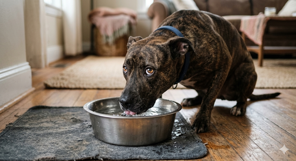 Brindle dog crouching possessively over a steel bowl on a hardwood floor
