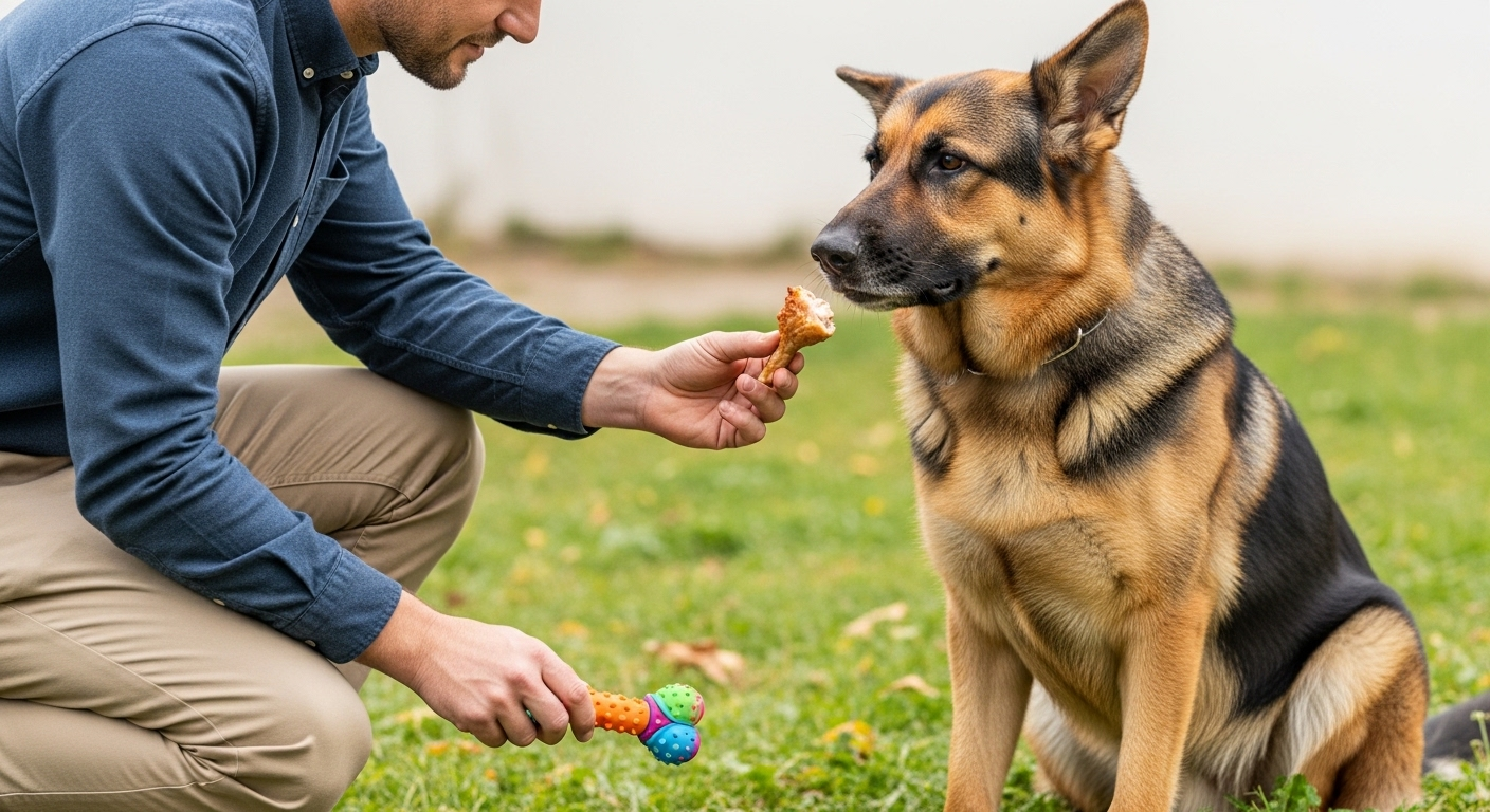 Trainer offering a treat to a German Shepherd during a trade-up training drill