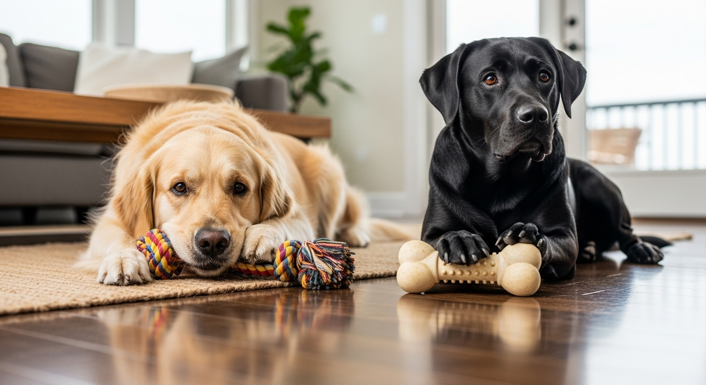 Two dogs lying with their own chew toys on a living room floor