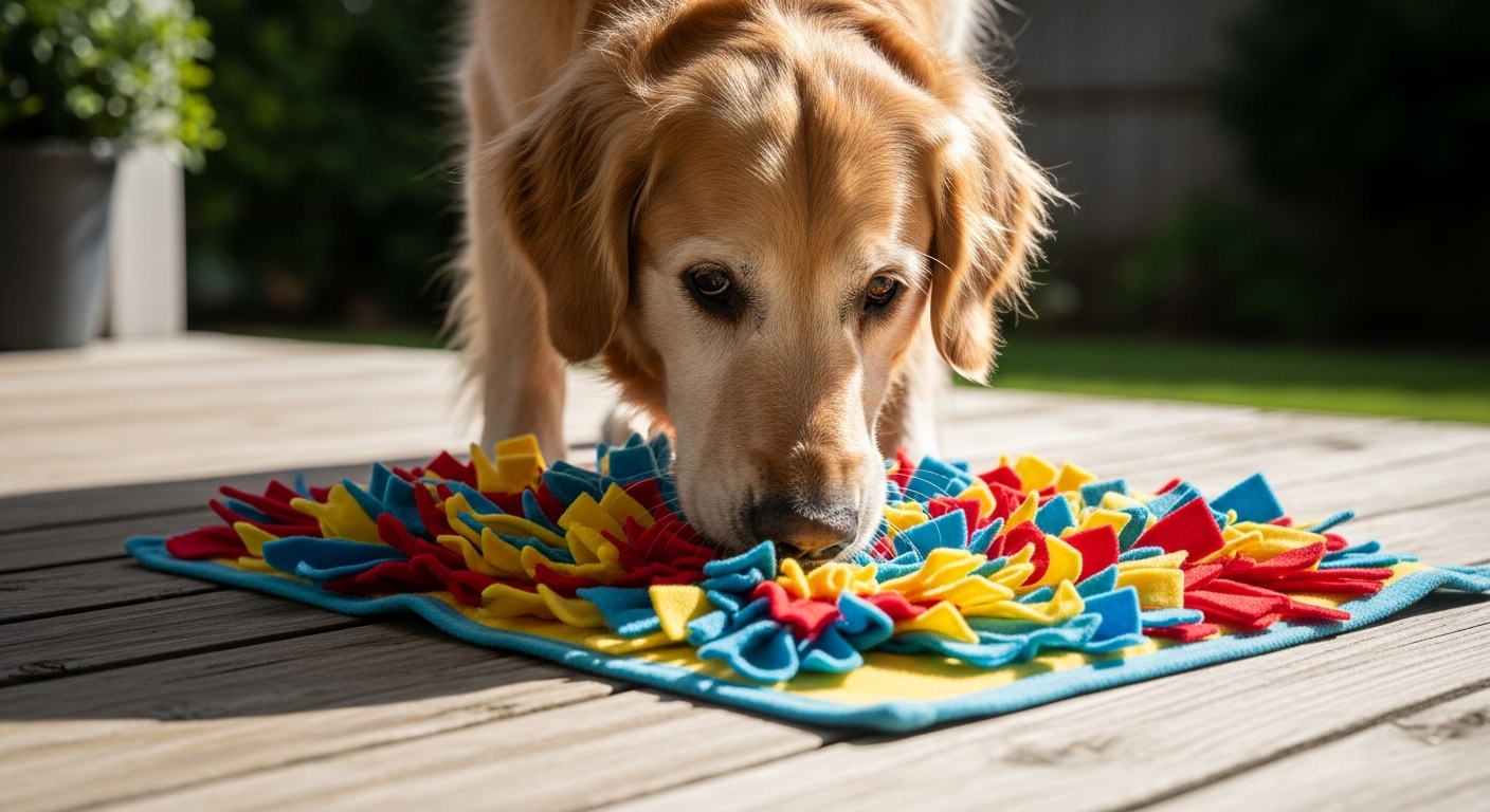 Golden retriever sniffing a colorful snuffle mat on an outdoor deck