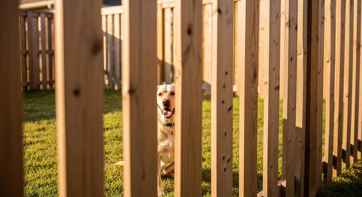 Dog sitting behind a wood privacy fence in a backyard