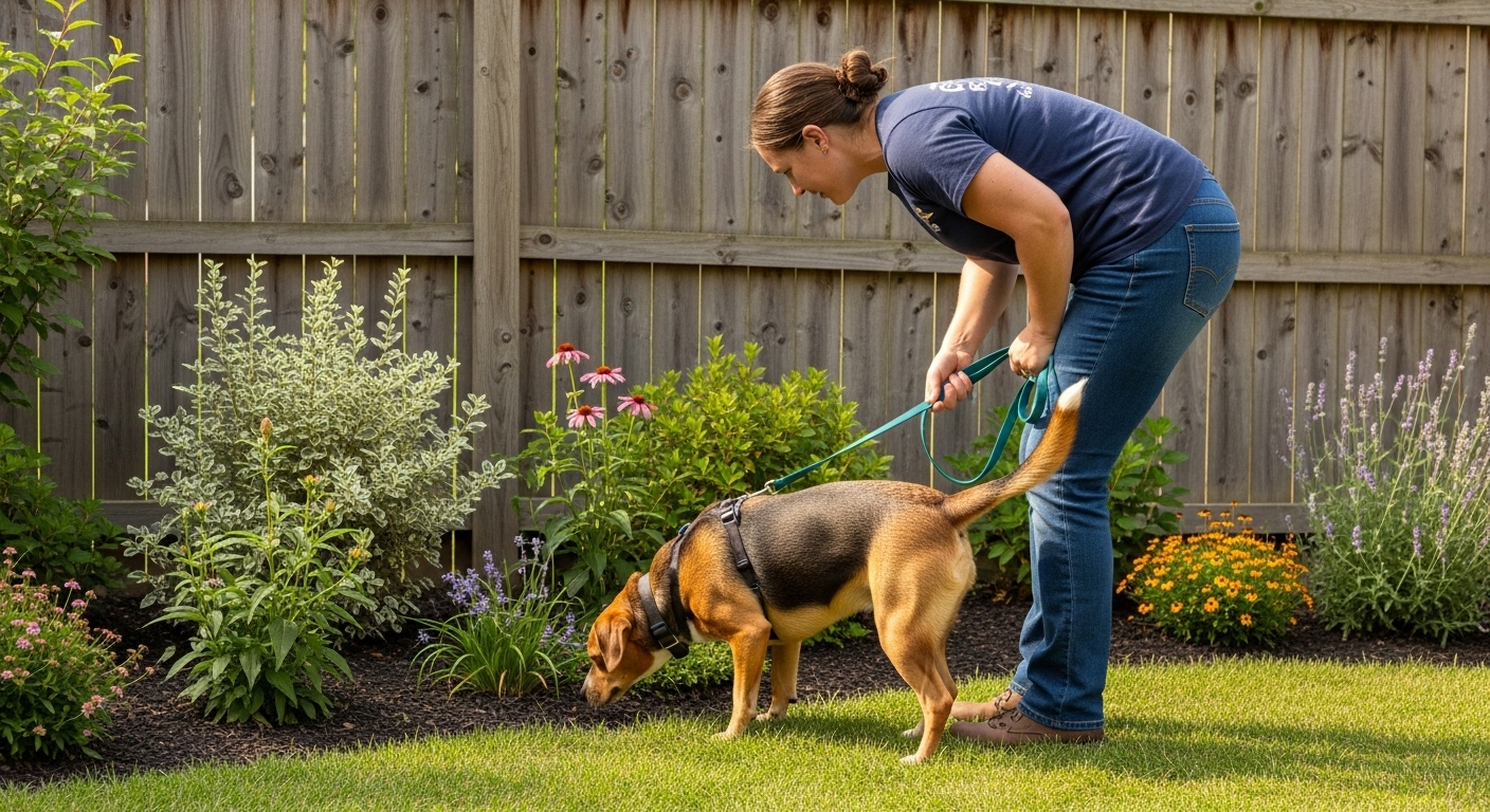 Woman guiding a dog on leash along garden beds in a fenced backyard