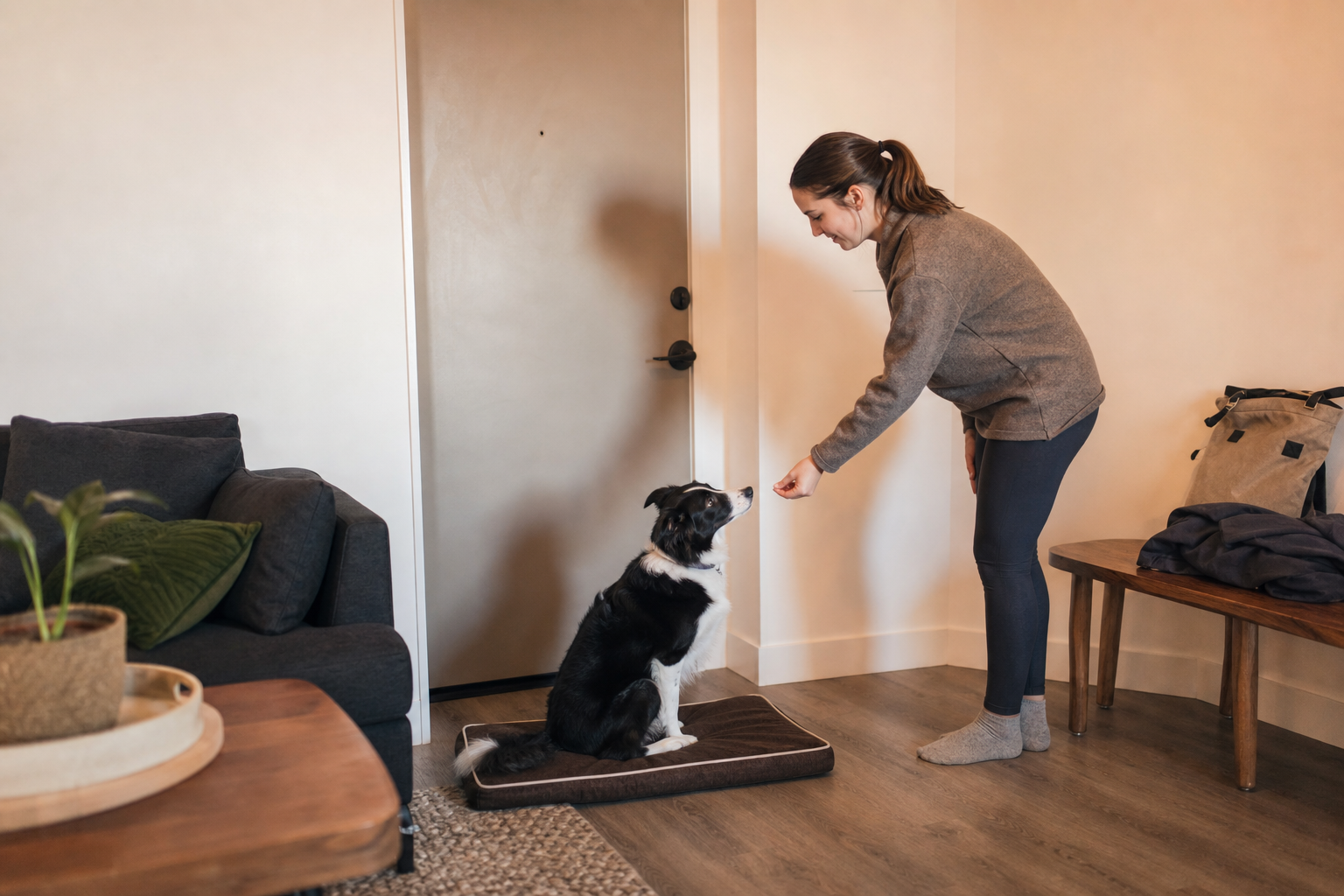 Dog trained to go to a mat near the door instead of barking when visitors arrive