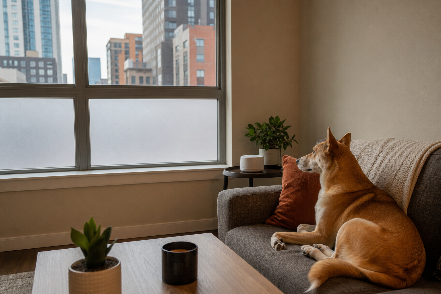 Dog sitting calmly at a Denver apartment window with privacy film — reducing visual barking triggers