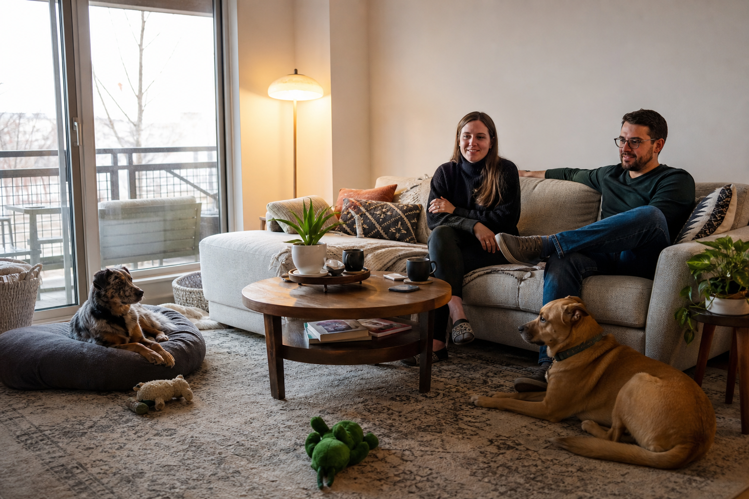 Two dogs coexisting calmly in a Denver home during their first week together, owners monitoring nearby