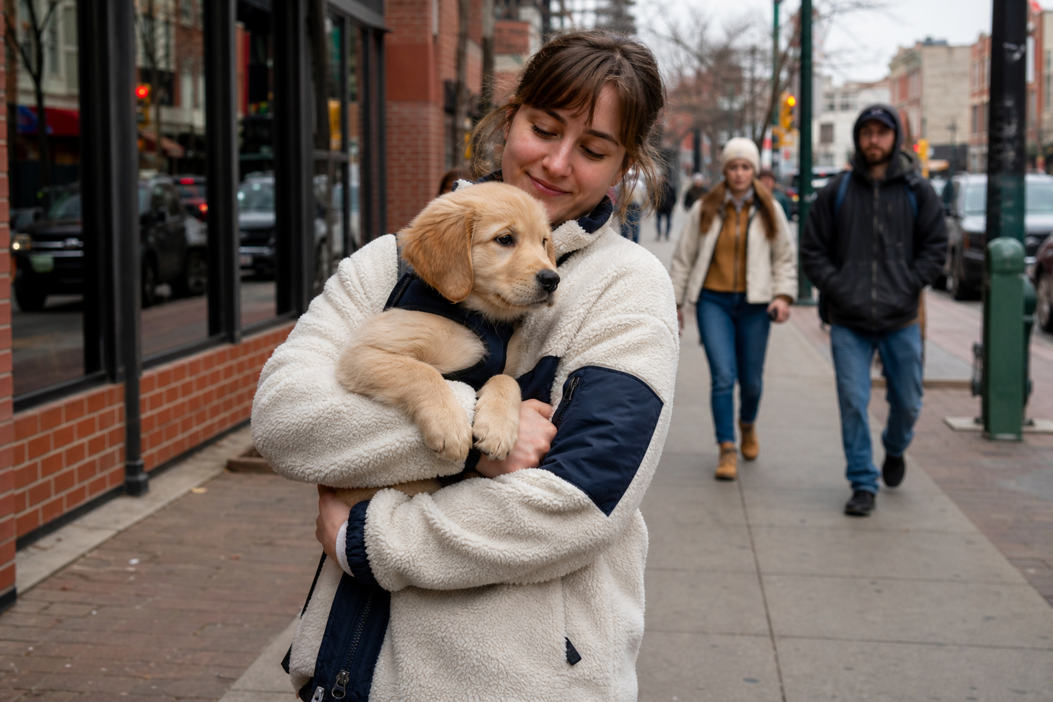 Owner reading dog body language during a socialization walk on a Denver sidewalk