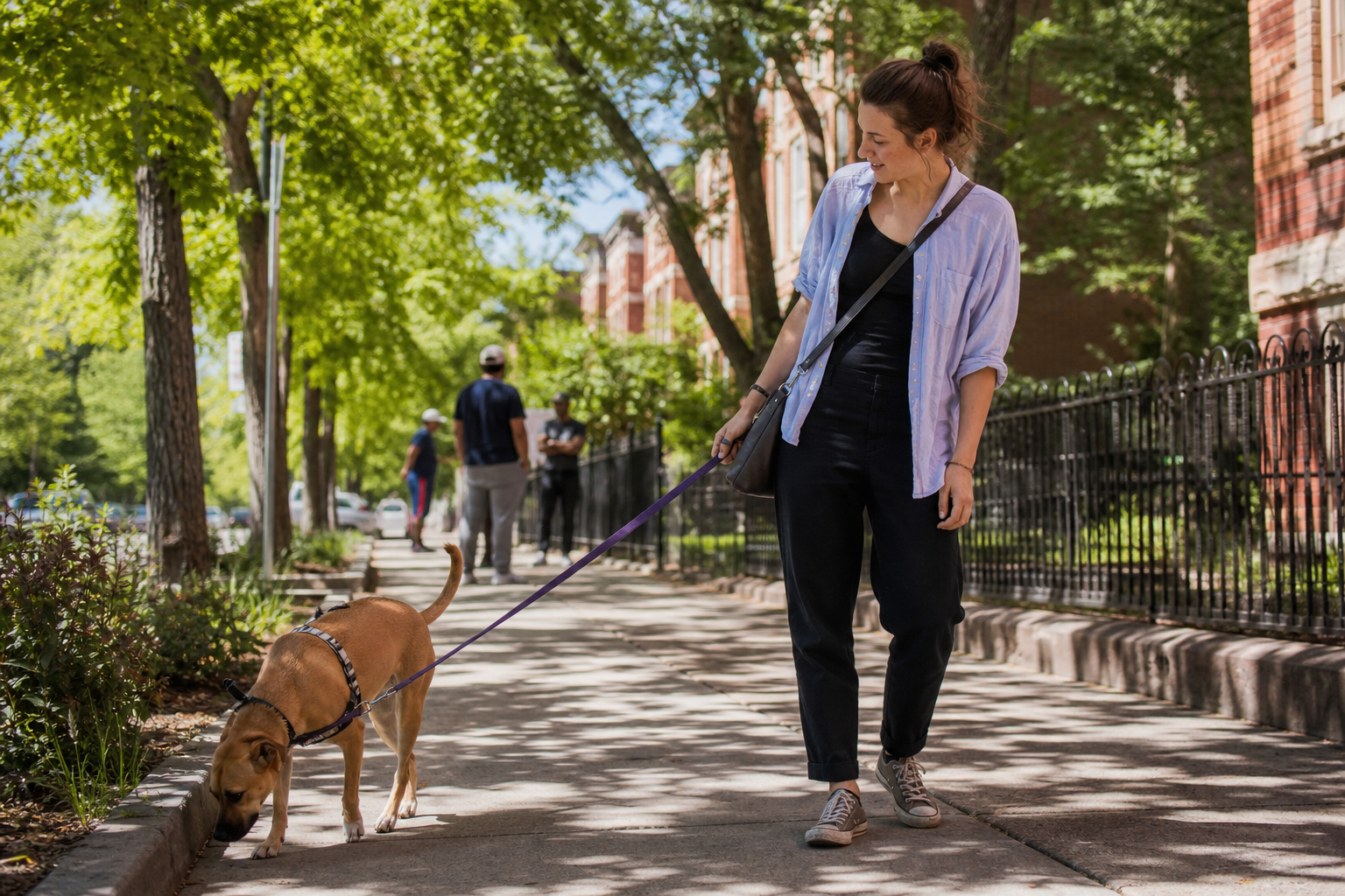 Owner walking a dog on a Denver sidewalk, watching for stress signals during a socialization outing