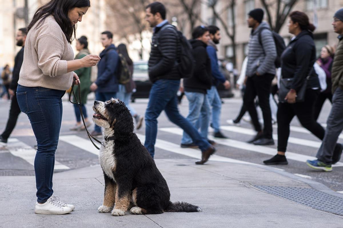 trainer working on leash pulling and calm heel with a dog in Denver