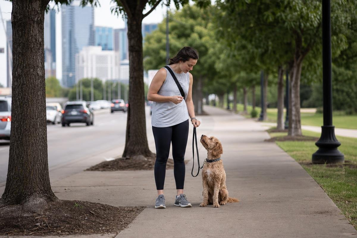 dog obedience commands training with owner on Dallas trail