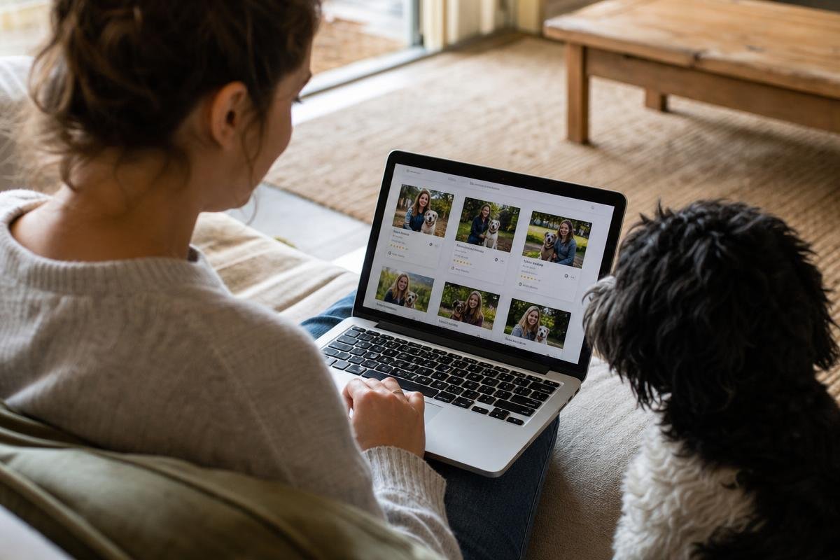 Dallas dog owner comparing pet sitter profiles on a laptop at a kitchen table