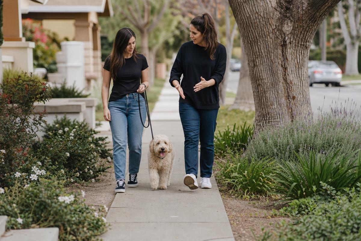 step-by-step loose leash walking training with dog walking calmly beside owner