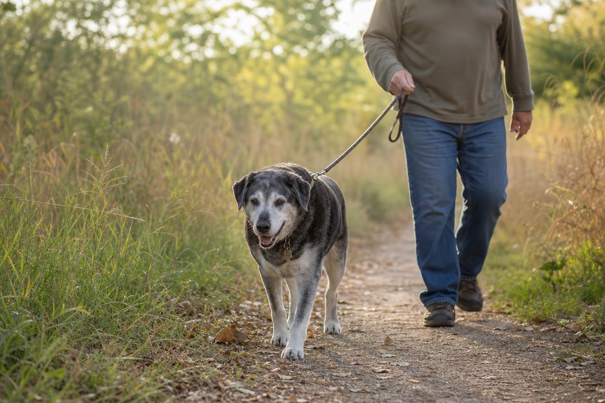 gentle exercise for older dogs on a shaded trail