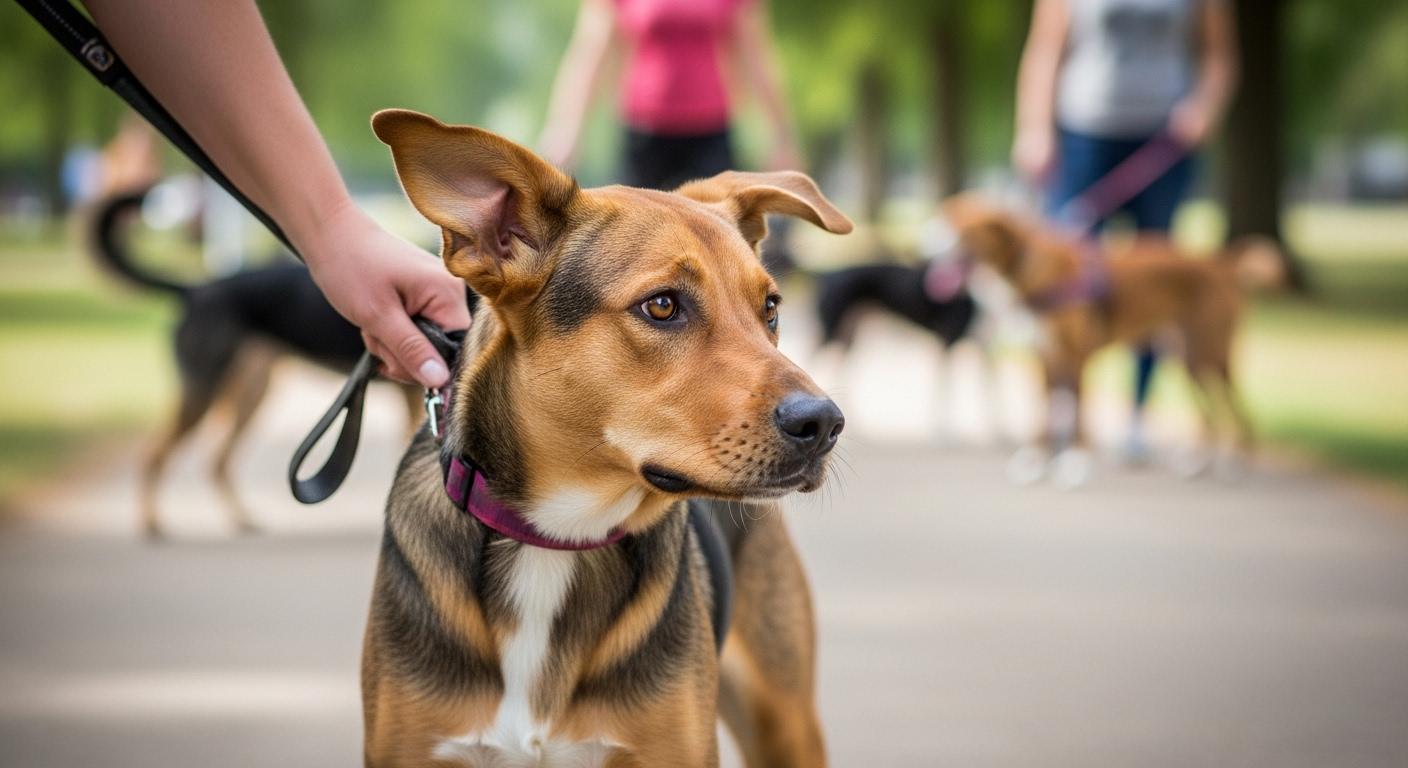 Dog on leash at park with other dogs in background