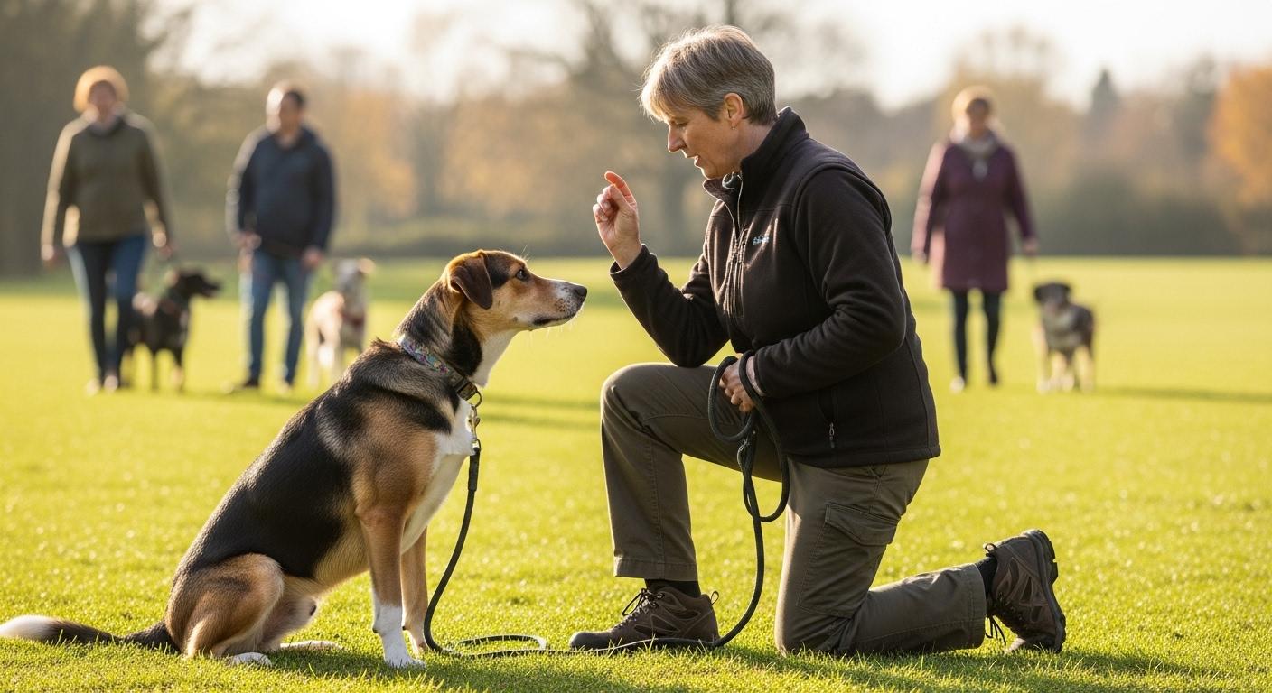 Dog trainer giving hand signal to leashed dog on grass