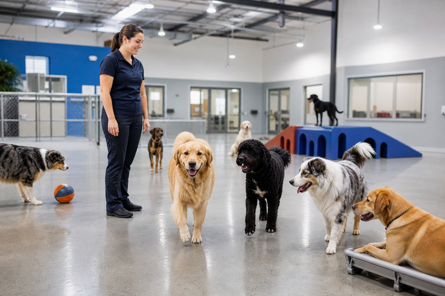Dog boarding facility staff supervising dogs in Shreveport