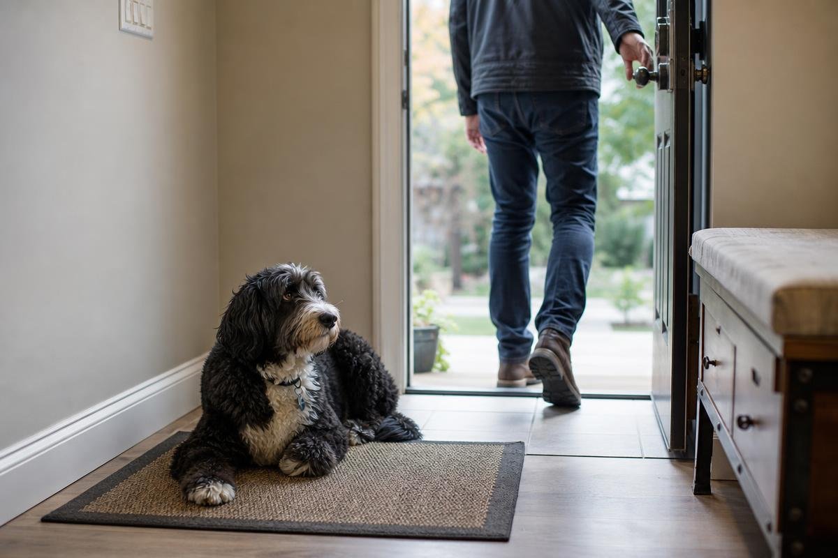 owner practicing departure training to help dog with separation anxiety