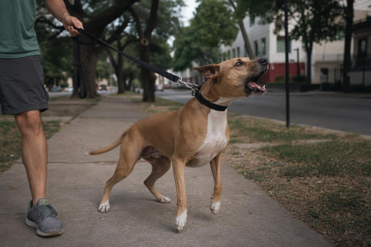 leash reactive dog training Dallas owner struggling on busy sidewalk