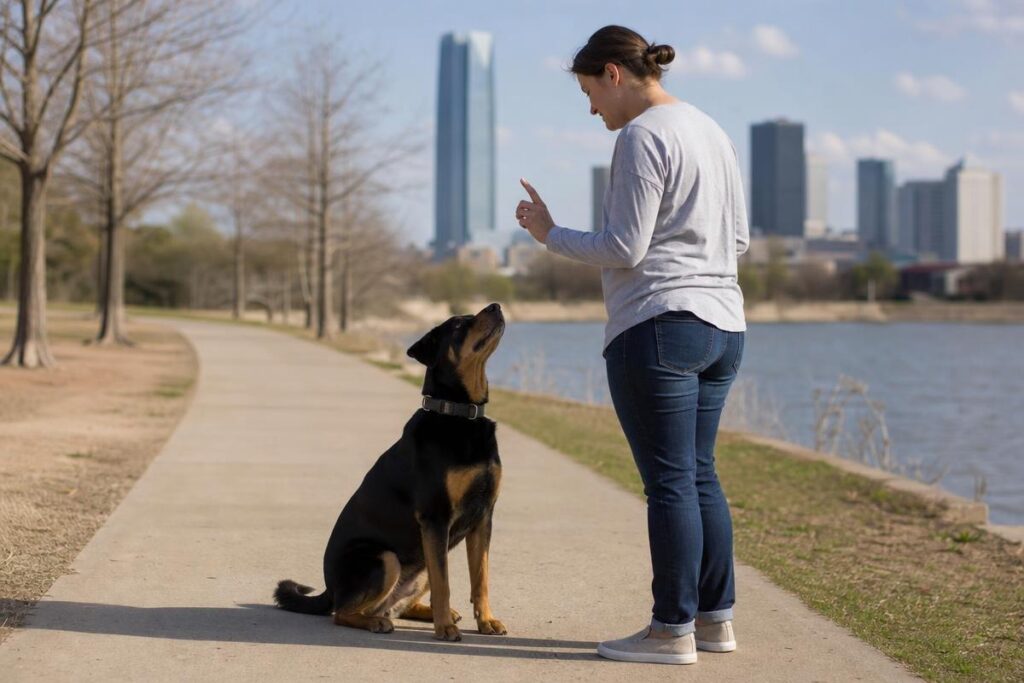 dog owner keeping dog training sharp with daily practice in Oklahoma City