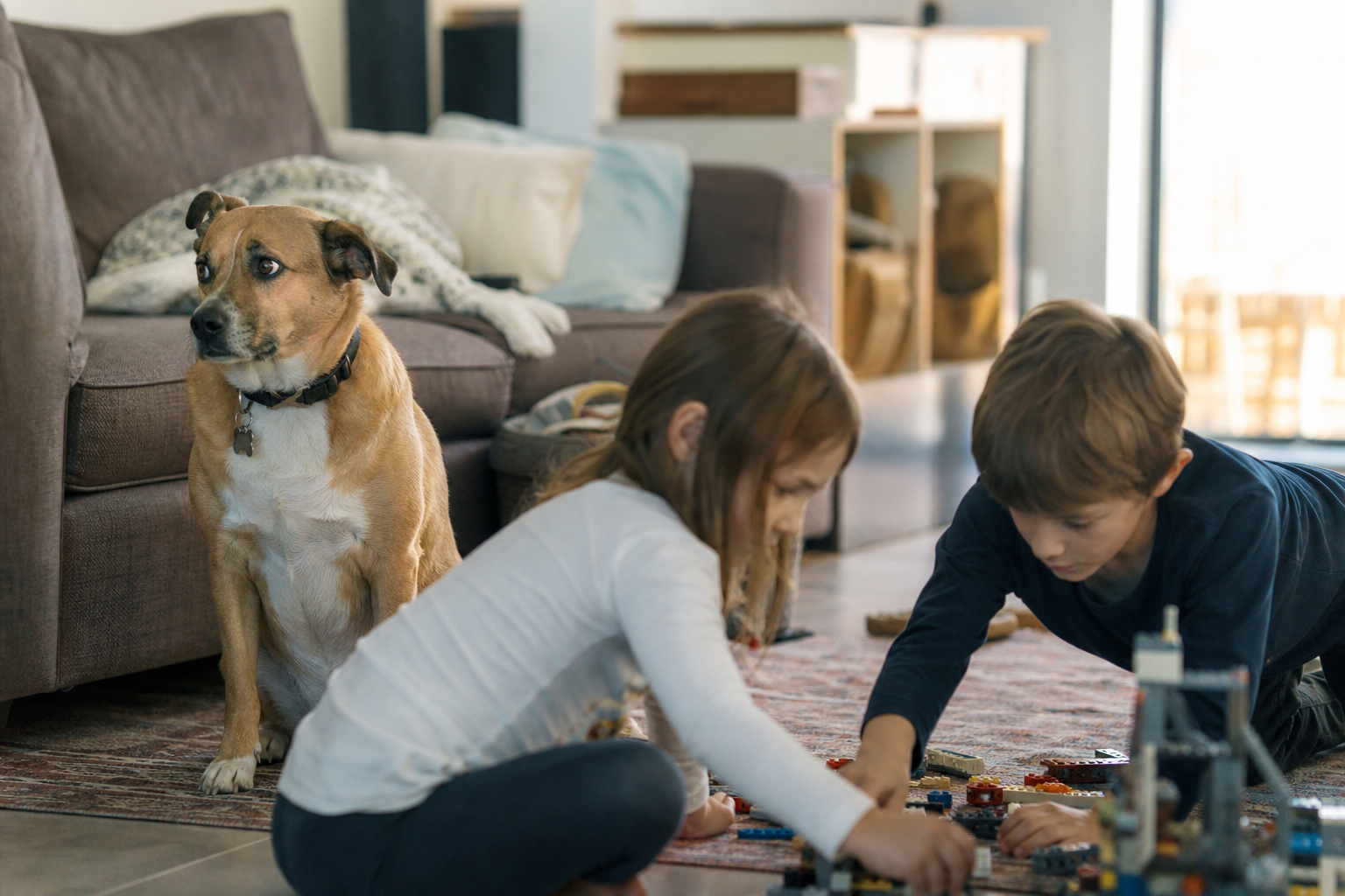 dog watching two children play with building blocks on the floor in a family living room