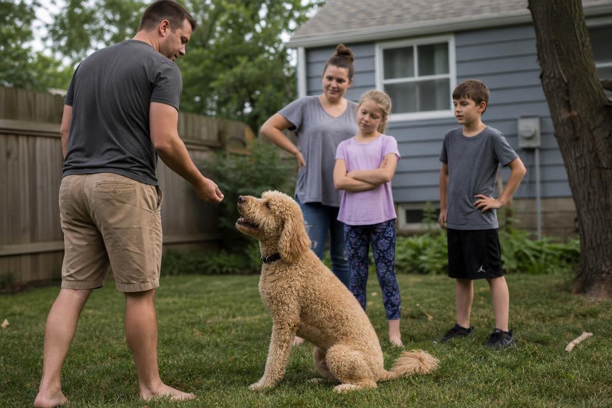 family dog training in Des Moines with kids and professional trainer