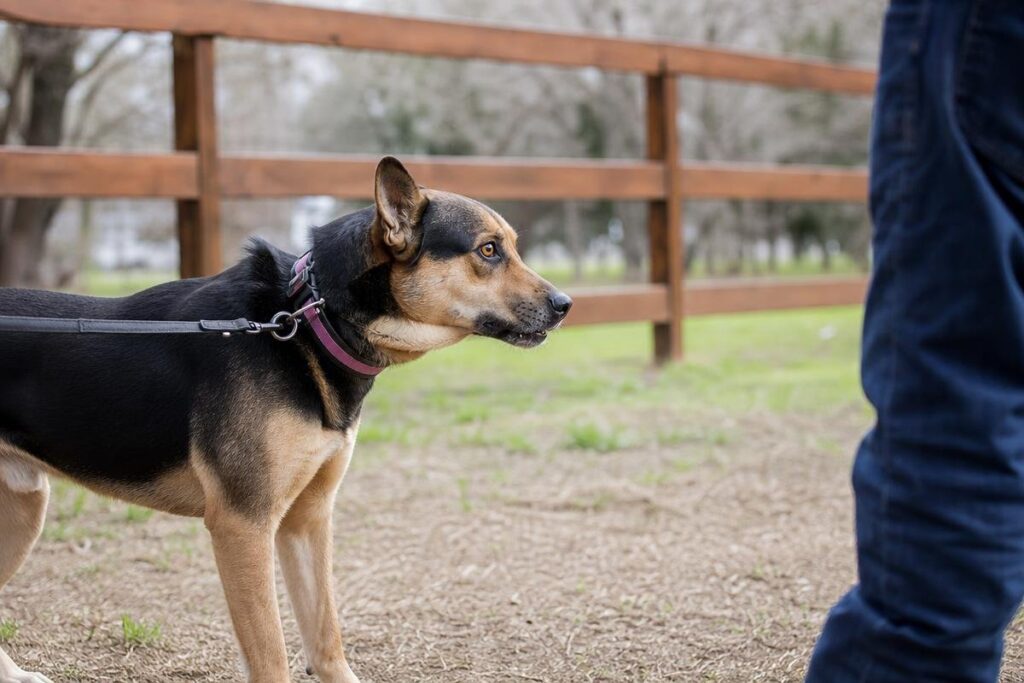 Dog on leash showing stiff body posture and intense stare while facing a person's legs in an outdoor field